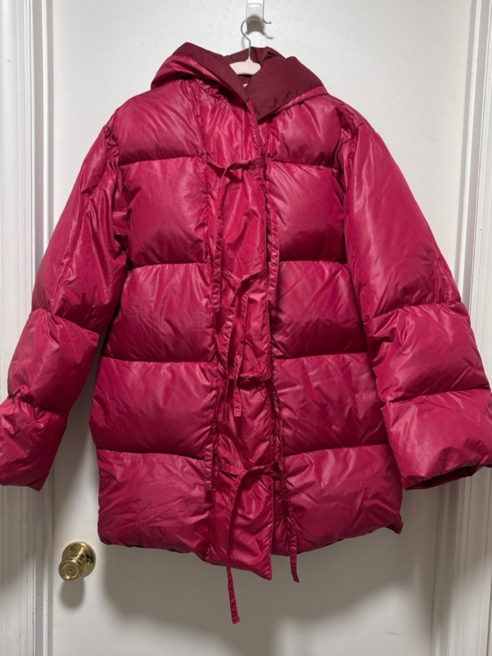 Vintage Sears Women's Raspberry Pink down filled Hooded Puffer Coat tie details
